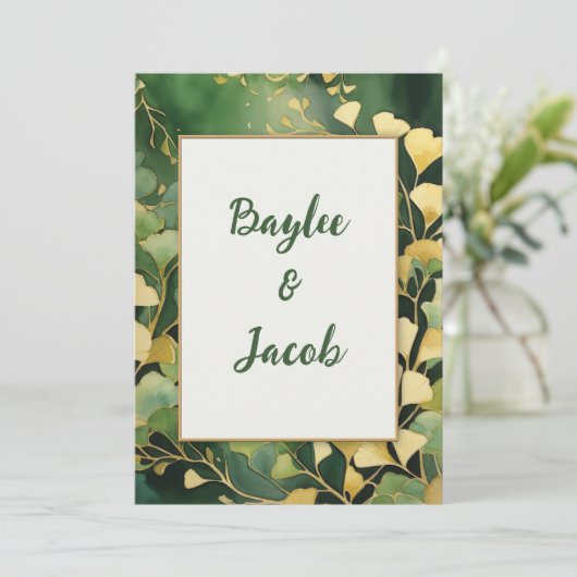Ginko bladeren en gouden bruiloft uitnodiging (Staand voorkant)