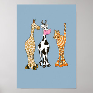 Giraf koe en kat, komische dieren. poster