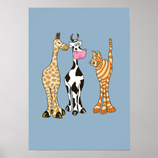 Giraf koe en kat, komische dieren. poster