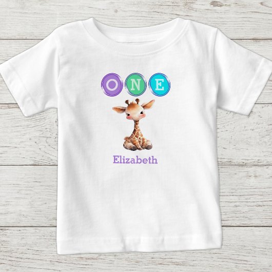 Giraffe 1e verjaardag één met naam paars