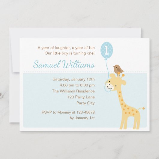 Giraffe 1e verjaardag Uitnodigingen (Boys-ballon) (Voorkant)