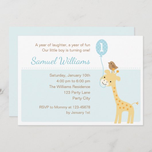 Giraffe 1e verjaardag Uitnodigingen (Boys-ballon) (Voorkant / Achterkant)