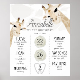 Giraffe 1st Birthday Milestone White Poster