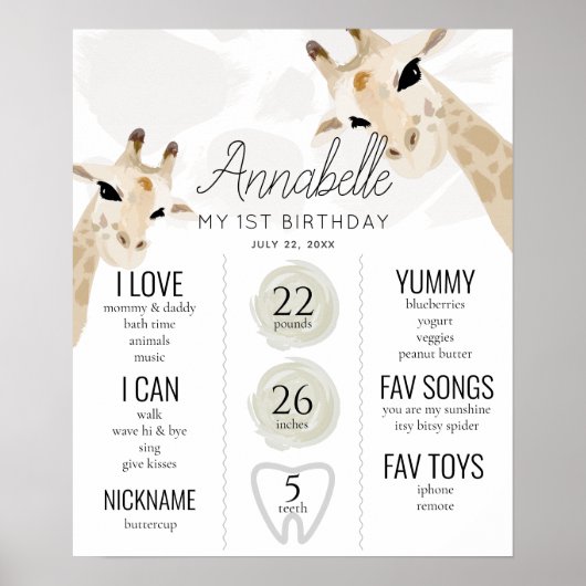 Giraffe 1st Birthday Milestone White Poster (Voorkant)