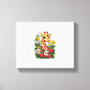 Giraffe Aardbeien en Bloemen Grafisch Cute Gira Canvas Afdruk