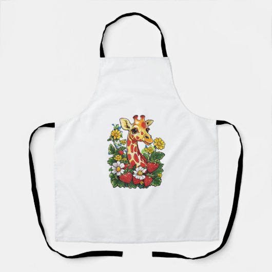 Giraffe Aardbeien en Bloemen Graphic Schattige Gir Schort (Voorkant)