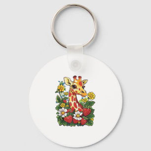 Giraffe Aardbeien en Bloemen Graphic Schattige Gir Sleutelhanger