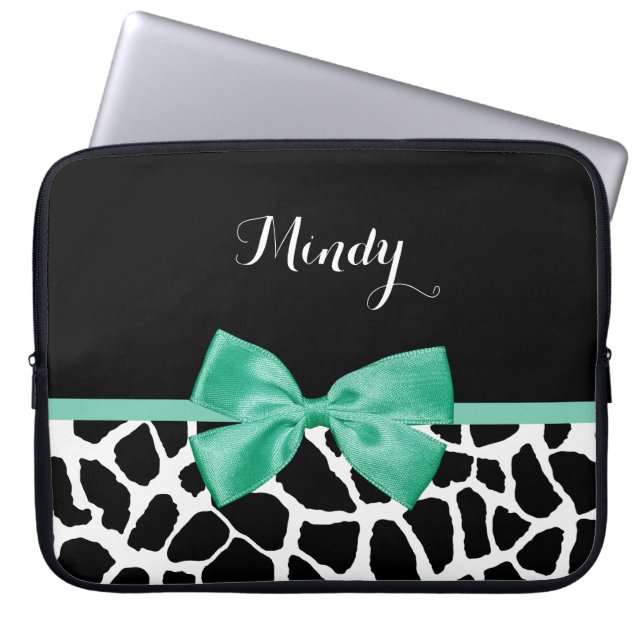  Giraffe Afdrukmint Groene Bow met naam Laptop Sleeve (Voorkant)