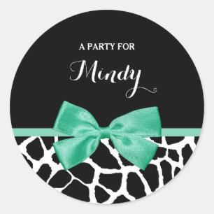  Giraffe Afdrukmint Groene Bow met naam Ronde Sticker