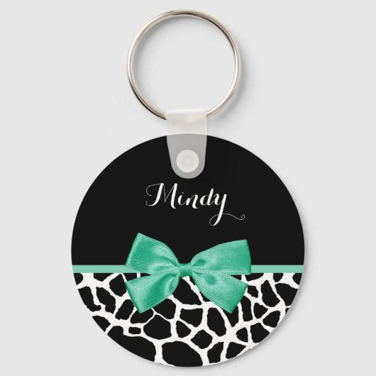 Giraffe Afdrukmint Groene Bow met naam Sleutelhanger (Voorkant)