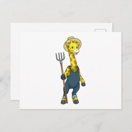 Giraffe als boer met hooivork briefkaart (Voorkant / Achterkant)
