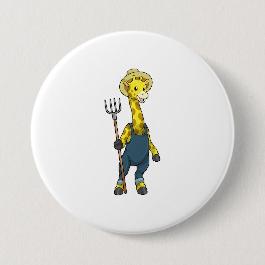 Giraffe als boer met Pitchfork Ronde Button 7,6 Cm (Voorkant)