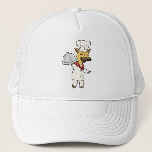 Giraffe als chef met kookschort en schaal trucker pet (Voorkant)