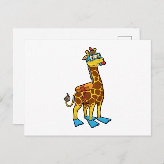 Giraffe als duiker met zwembril en lippers briefkaart (Voorkant / Achterkant)