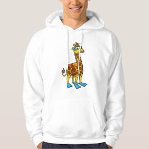 Giraffe als duiker met zwembril en lippers hoodie