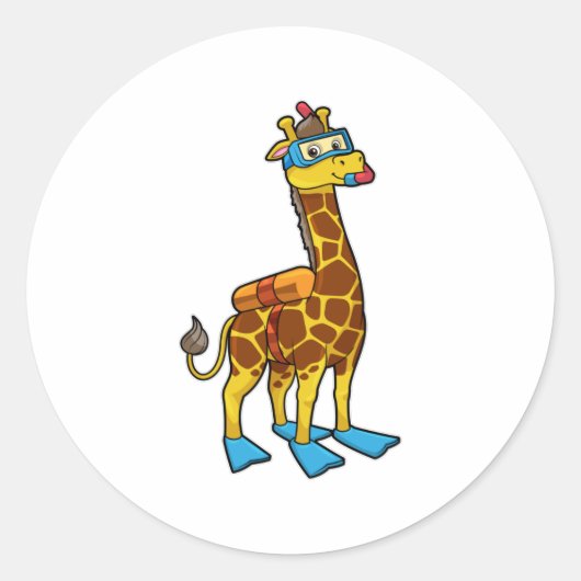 Giraffe als duiker met zwembril en lippers ronde sticker (Voorkant)