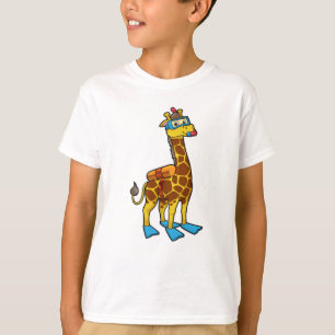 Giraffe als duiker met zwembril en lippers t-shirt