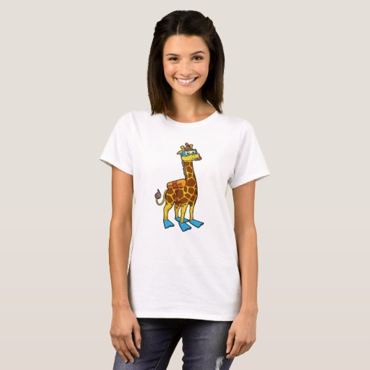 Giraffe als duiker met zwembril en lippers t-shirt (Voorkant volledig)