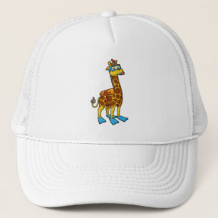 Giraffe als duiker met zwembril en lippers trucker pet
