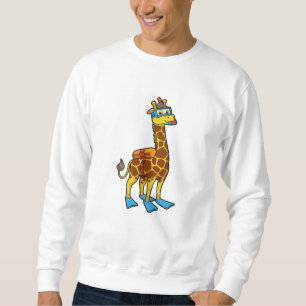 Giraffe als duiker met zwembril en lippers trui