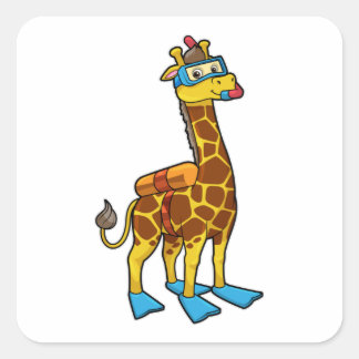 Giraffe als duiker met zwembril en lippers vierkante sticker