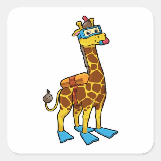 Giraffe als duiker met zwembril en lippers vierkante sticker (Voorkant)
