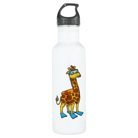 Giraffe als duiker met zwembril en lippers waterfles (Voorkant)