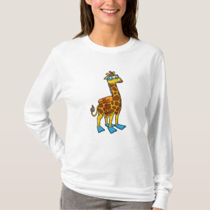 Giraffe als duiker met zwembril en zwemvinnen t-shirt