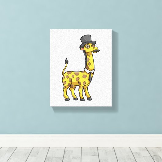 Giraffe als Gentleman met Pet, Stropdas en Mustach Canvas Afdruk (Insitu (Houten vloer))