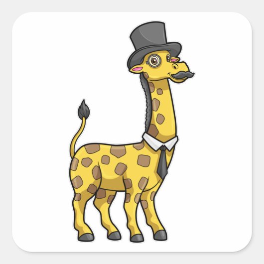 Giraffe als Gentleman met Pet, Stropdas en Mustach Vierkante Sticker (Voorkant)