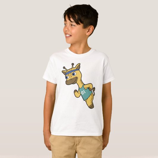 Giraffe als Jogger bij het runnen met hoofdband T-shirt (Voorkant volledig)