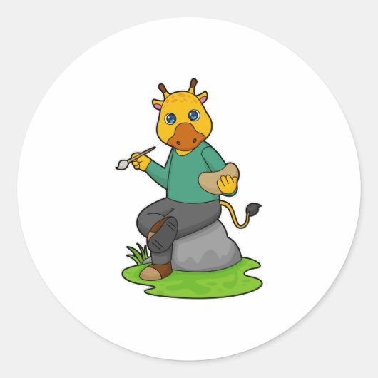 Giraffe als Schilder met de borstel van de Verf Ronde Sticker (Voorkant)