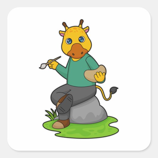 Giraffe als Schilder met de borstel van de Verf Vierkante Sticker (Voorkant)