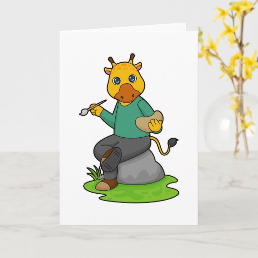 Giraffe als Schilder met verfkwast Kaart (Gele Bloem)