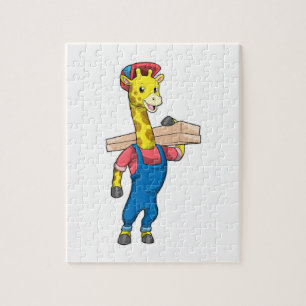 Giraffe als timmerman met hout legpuzzel