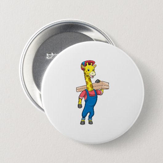 Giraffe als timmerman met hout ronde button 7,6 cm (Voorkant /achterkant)