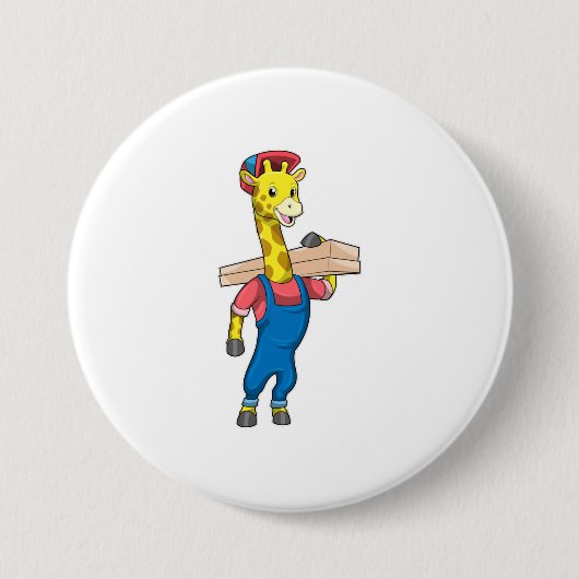 Giraffe als timmerman met hout ronde button 7,6 cm (Voorkant)