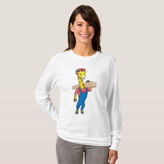 Giraffe als timmerman met hout t-shirt (Voorkant volledig)