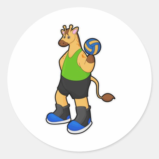 Giraffe als volleybalspeler met volleybal ronde sticker (Voorkant)