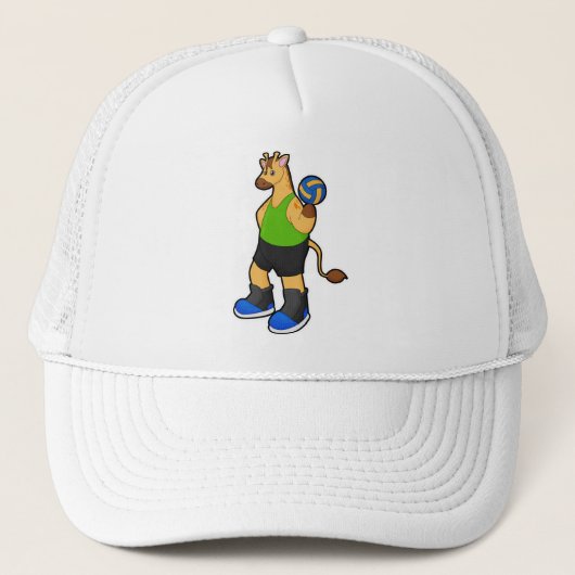 Giraffe als volleybalspeler met volleybal trucker pet (Voorkant)
