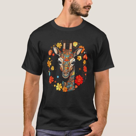 Giraffe Artwork Colourful Flowers Animals Motif Gi T-shirt (Voorkant)