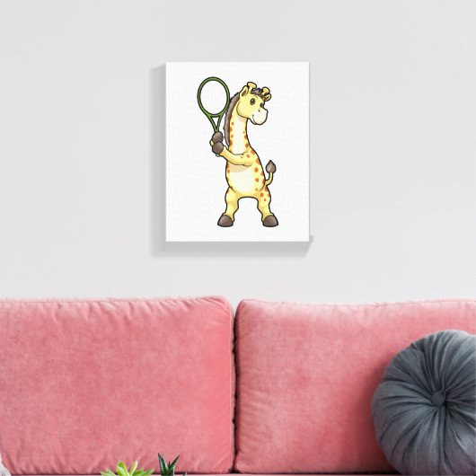 Giraffe at Tennis with Tennis racket Canvas Afdruk (Insitu (Woonkamer))