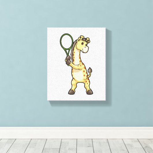 Giraffe at Tennis with Tennis racket Canvas Afdruk (Insitu (Houten vloer))
