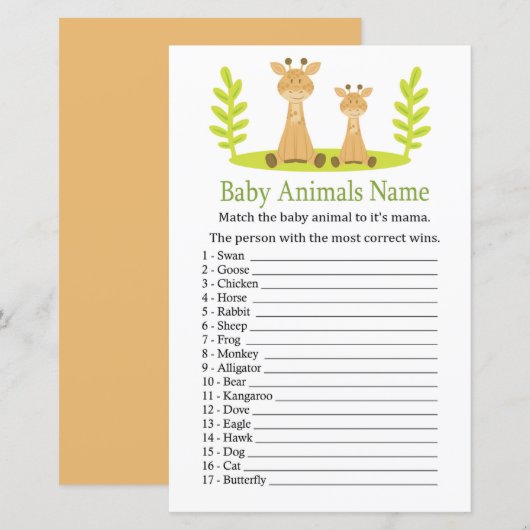 Giraffe Baby Animals Name Game (Voorkant / Achterkant)