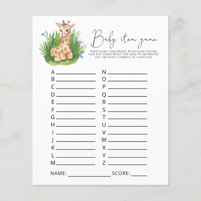 Giraffe Baby Artikel Spel. Baby Shower Spel (Voorkant)