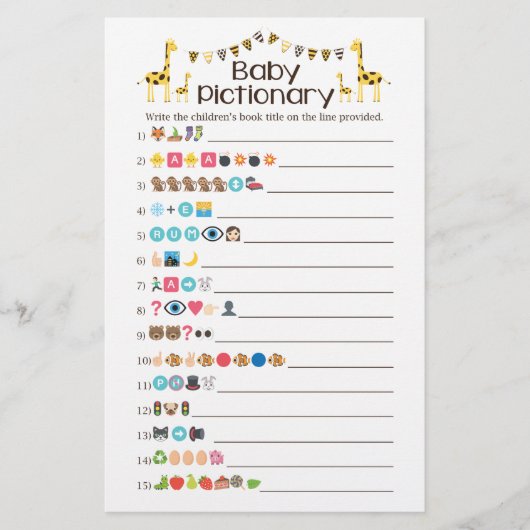 Giraffe Baby boekt de Emoji Pictionary Shower Game Flyer (Voorkant)