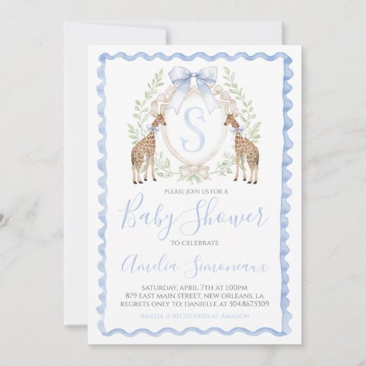 Giraffe Baby Boy Shower Preppy Gingham Blauw Kaart (Voorkant)