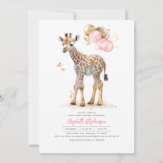 Giraffe Baby Cute Pink Brown Gold Girl Baby shower Kaart (Voorkant)