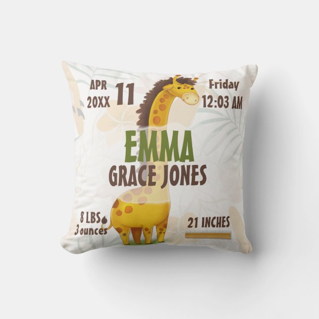 Giraffe Baby geboorte Stats Nursery Pillow Boy / G Kussen (Voorkant)