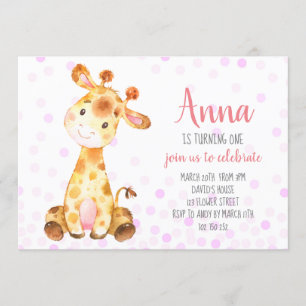 Giraffe Baby Girl Cute Confetti Pink Birthday Kaart